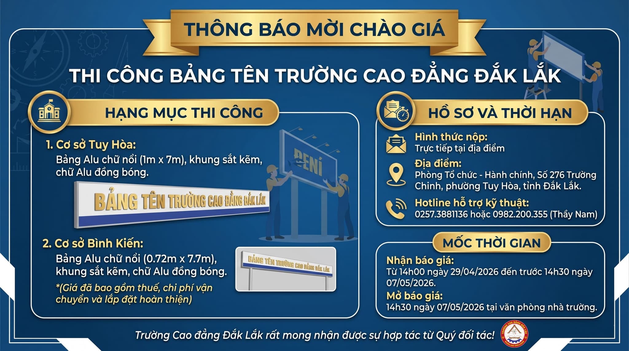 THÔNG BÁO MỜI CHÀO GIÁ: THI CÔNG BẢNG TÊN TRƯỜNG CAO ĐẲNG ĐẮK LẮK