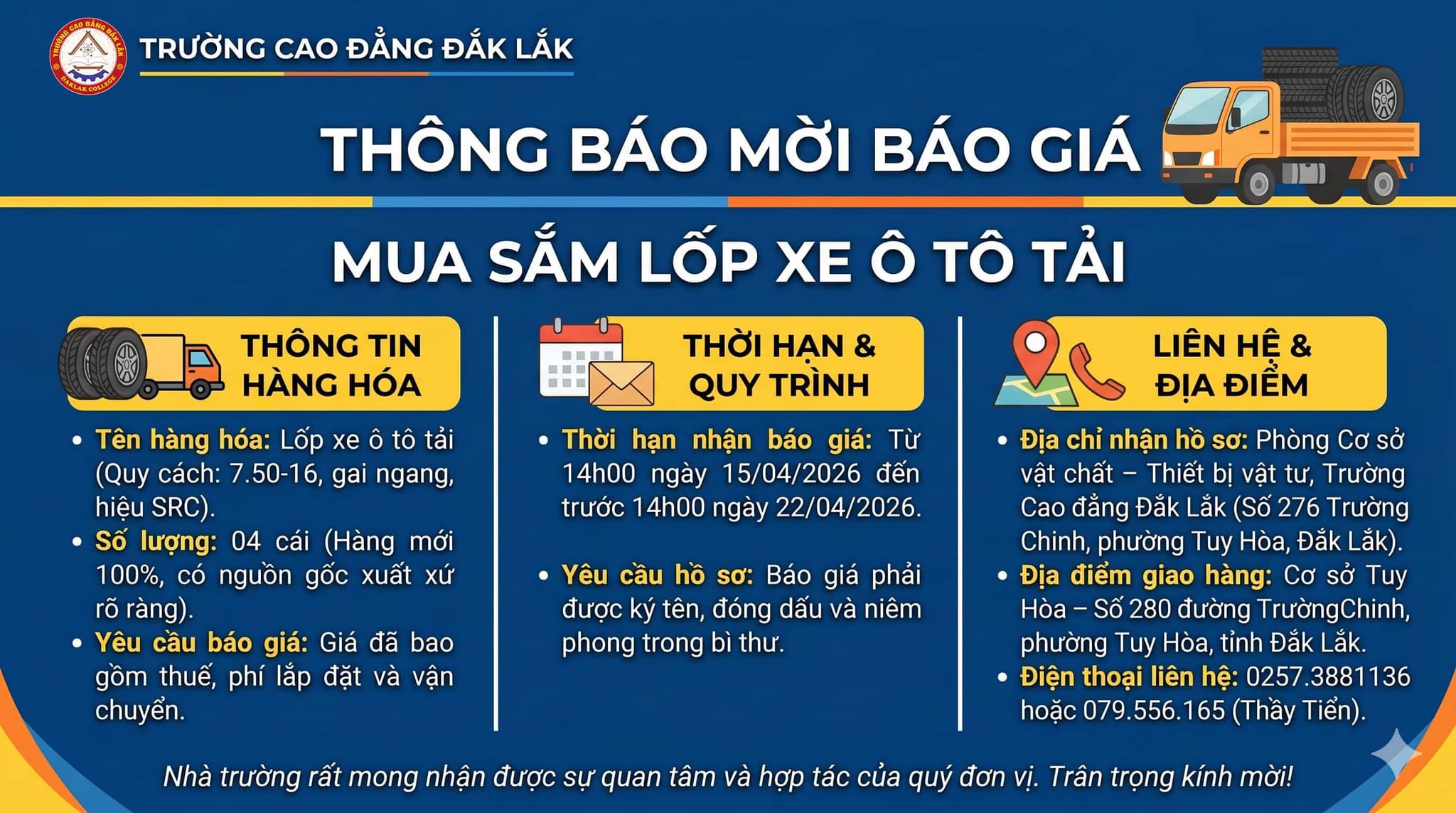 THÔNG BÁO MỜI CHÀO GIÁ CUNG CẤP LỐP XE Ô TÔ TẢI