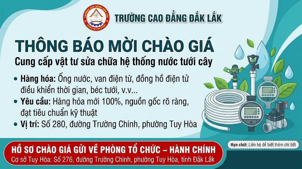 THÔNG BÁO MỜI CHÀO GIÁ(V/v Cung cấp vật tư sửa chữa hệ thống nước tưới cây)